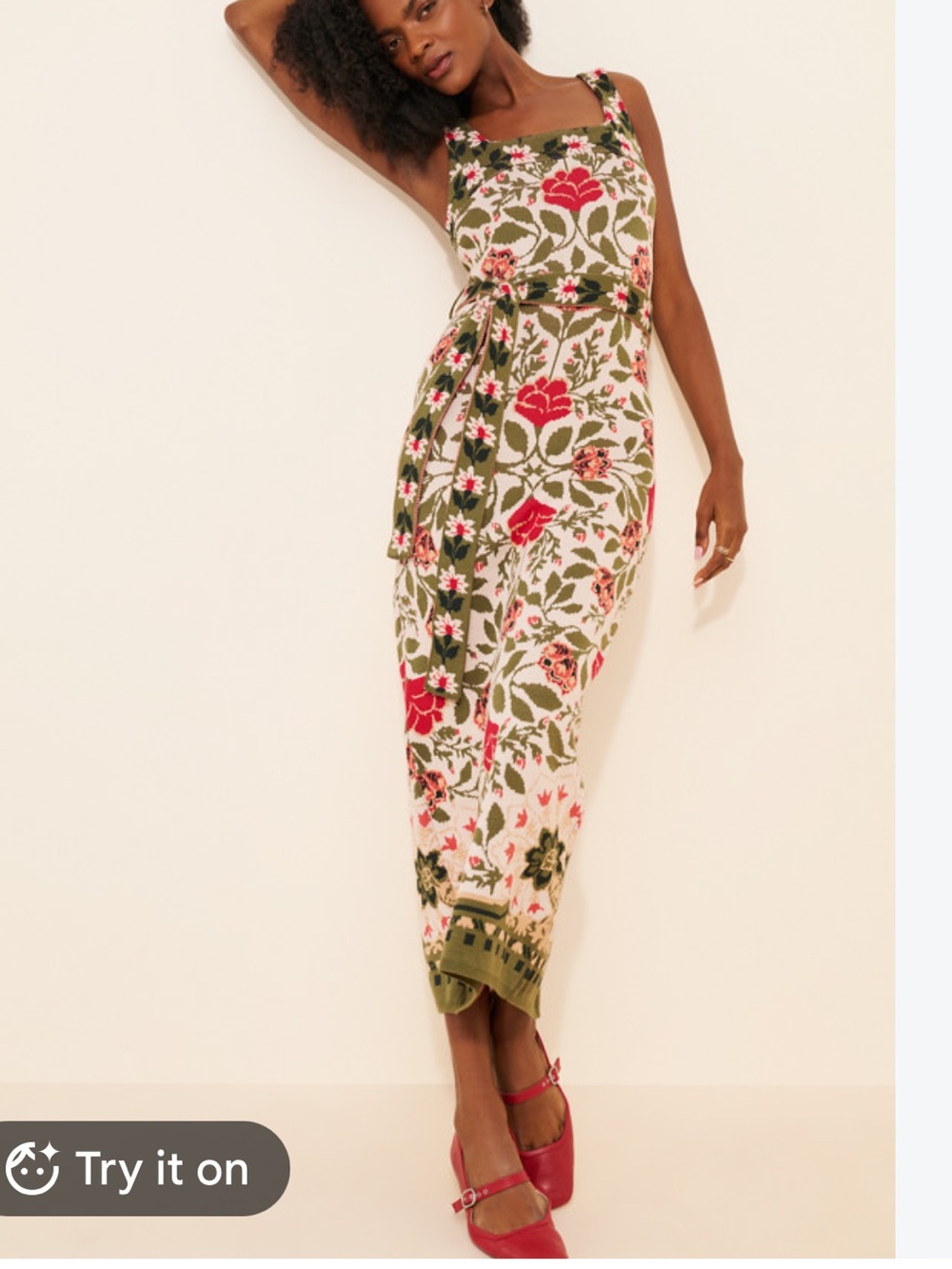 FARM Rio garden tapestry Knit Midi Dress with Olive & Pink Floral